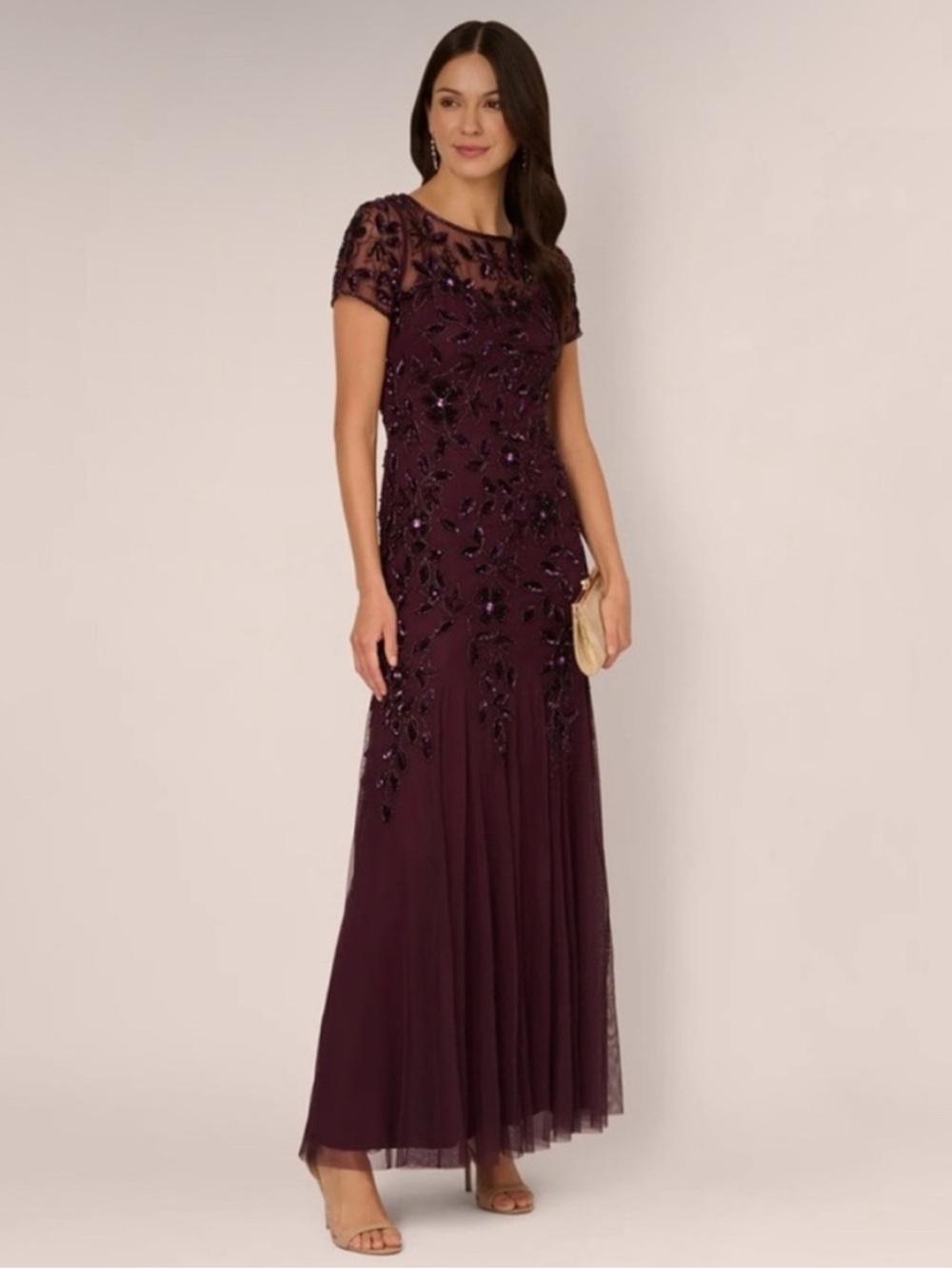 Adrianna Papell Plum Embellished Tulle Maxi Dress - Picture 2 of 14